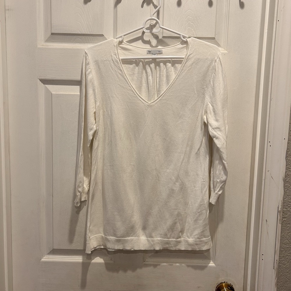 Gap Womens Ivory 100% Cotton V-Neck 3/4 Sleeve Pullover Sweater Large Clean Girl